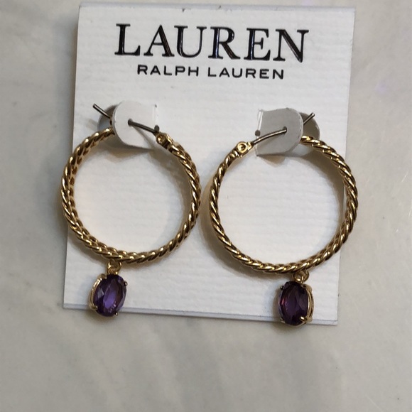 Lauren Ralph Lauren Gold Tone Chain Link Hoop Earrings Purple Crystal Charm NWT - Picture 8 of 12